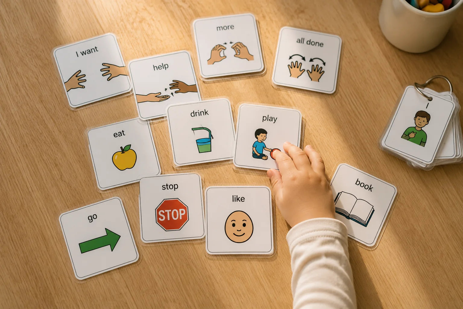 A child using an AAC tablet during a session, practitioner's hands guiding