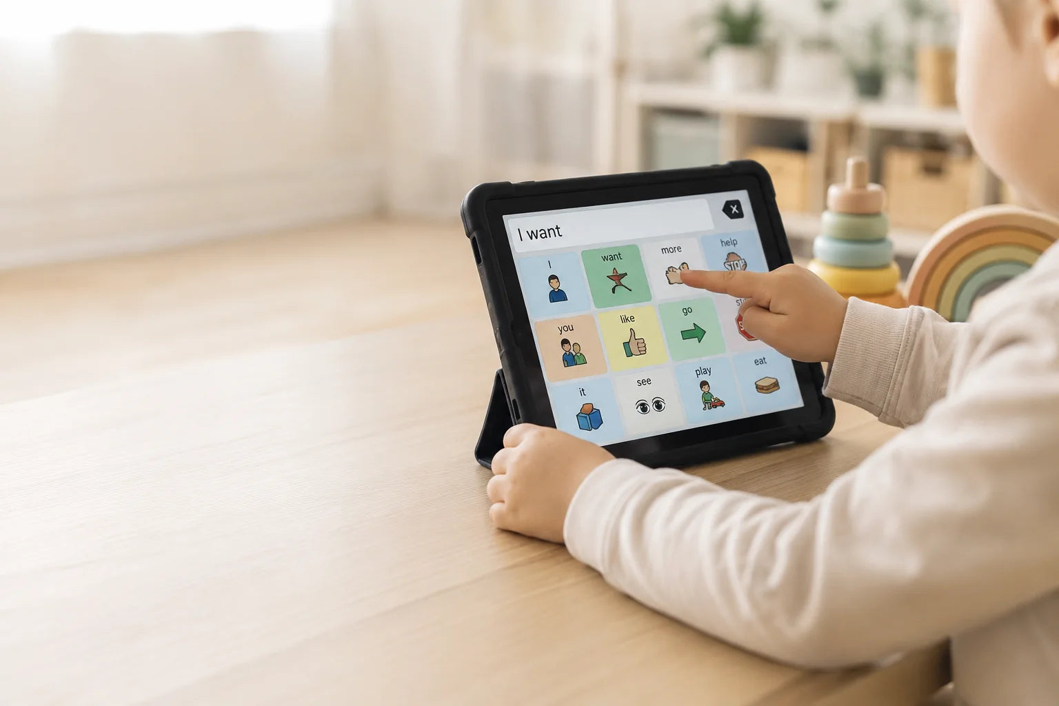 A speech-language pathologist working with a child on an AAC communication tablet in Yonkers, NY